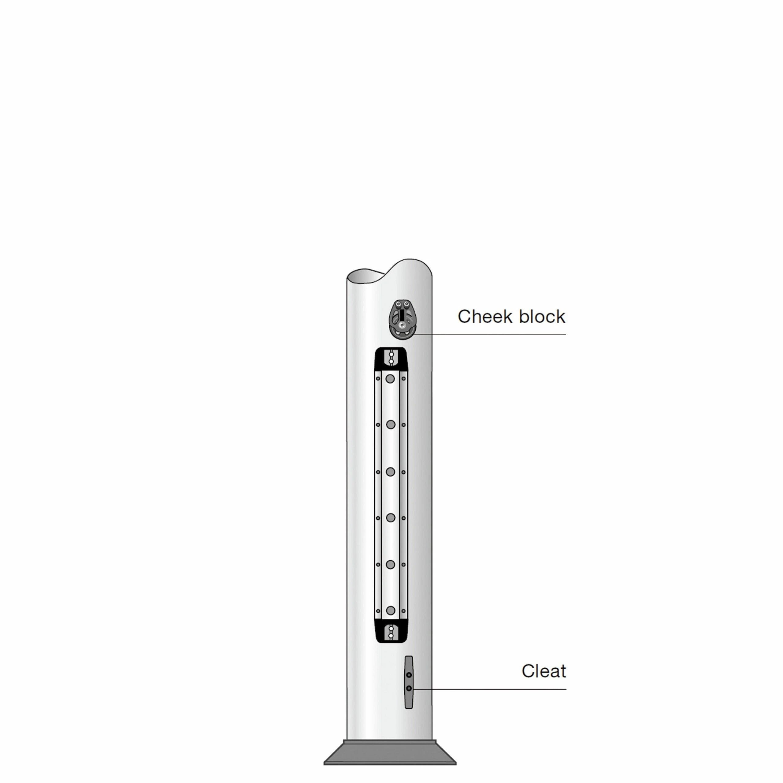 Heel lift arrangement for Spinnaker pole. Cheek block and cleat included. For smaller Seldén mast sections.