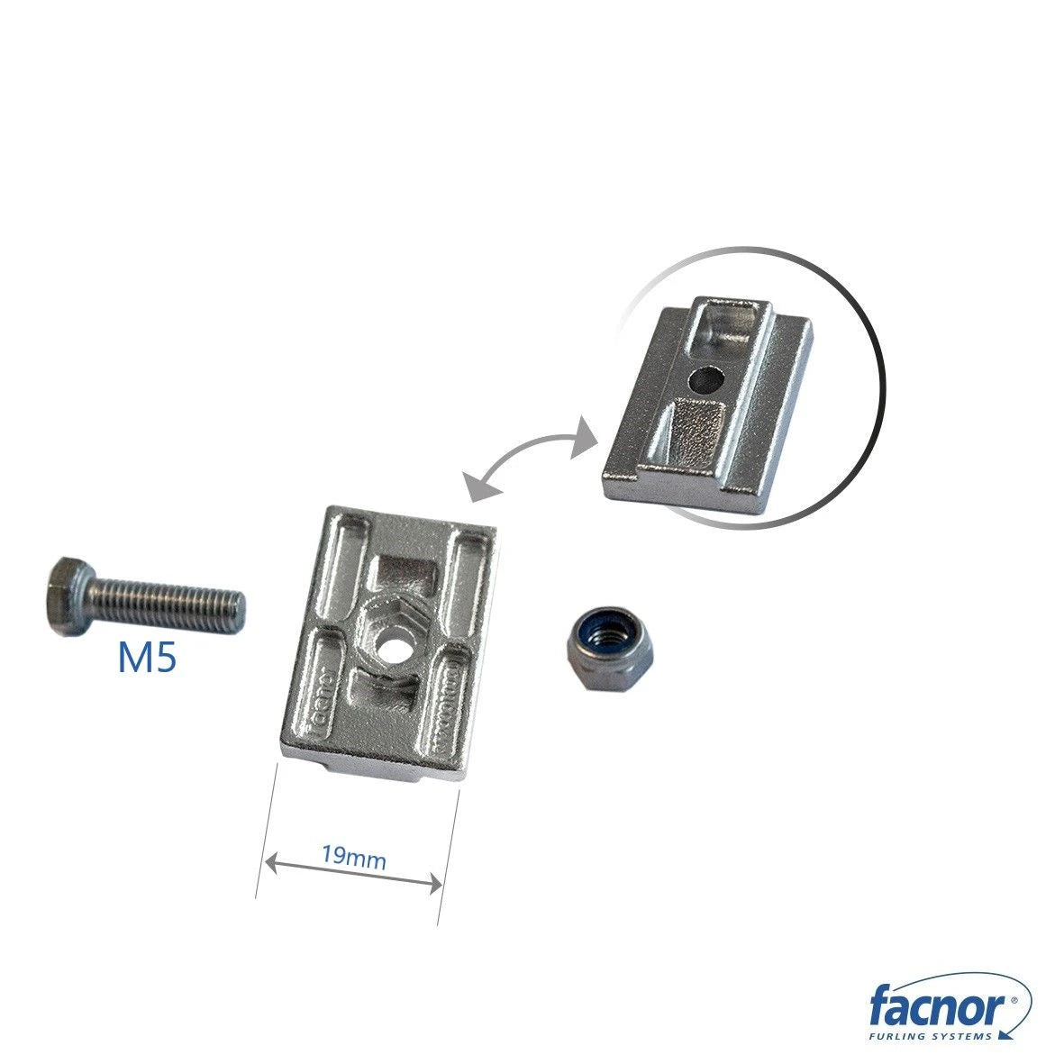Fixing track kit (19mm wide stainless steel slug No2  + M5 screw + safety nut)