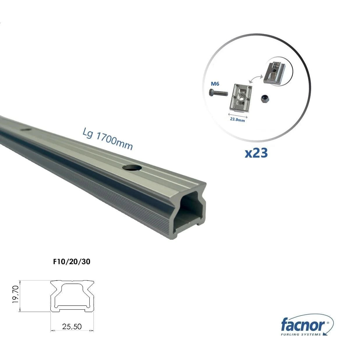 Track lenght 1.70m double drilling with 23x 23.9mm wide stainless steel slug fixing sets for F30