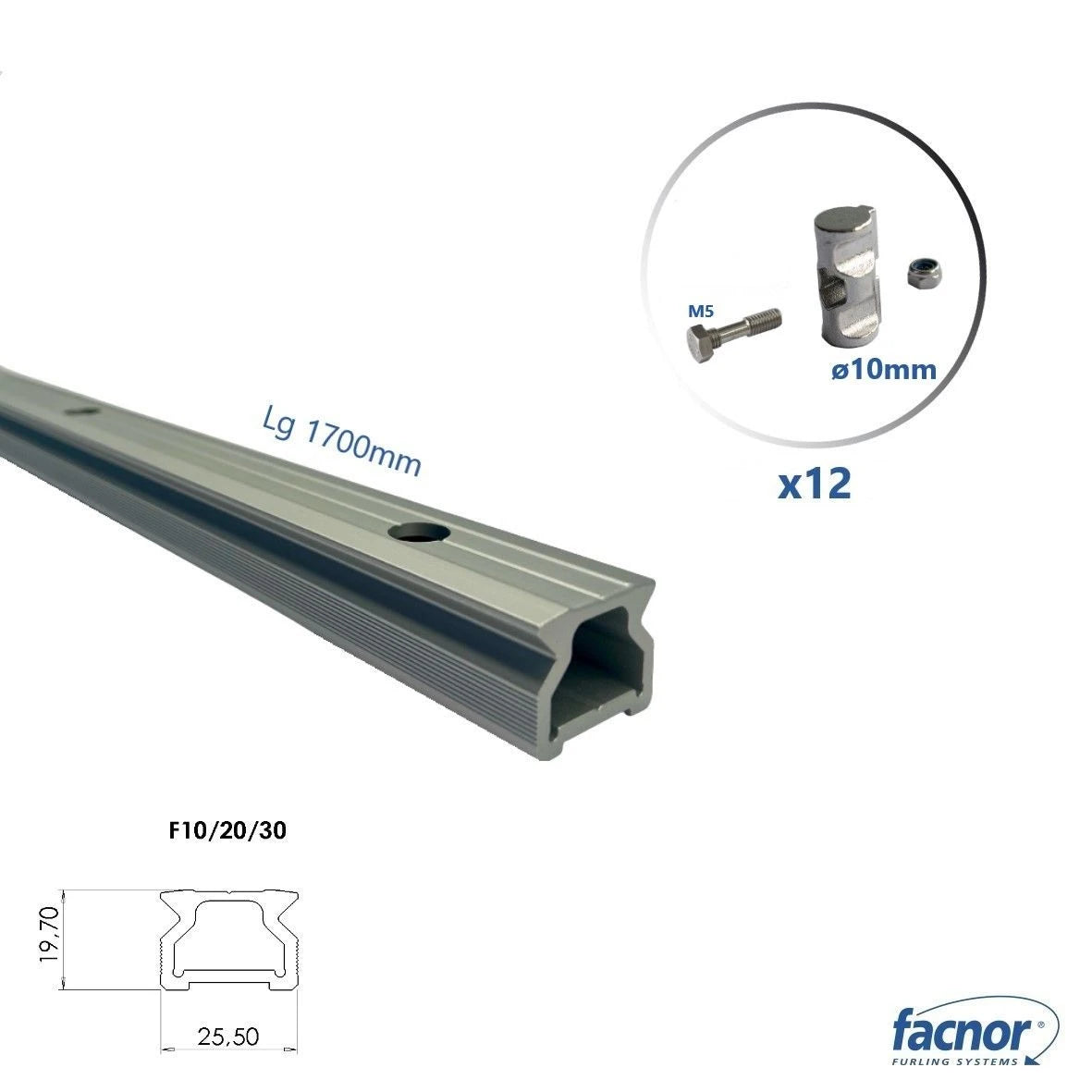 Track lenght 1.70m with 12x ø10mm round stainless steel fixing sets for F10/20/30