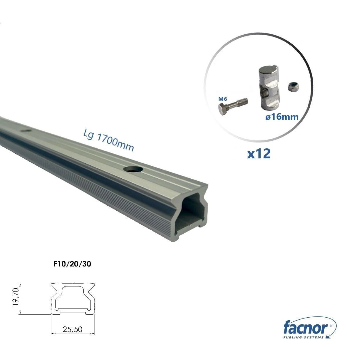 Track lenght 1.70m with 12x ø16mm round stainless steel fixing sets for F10/20/30