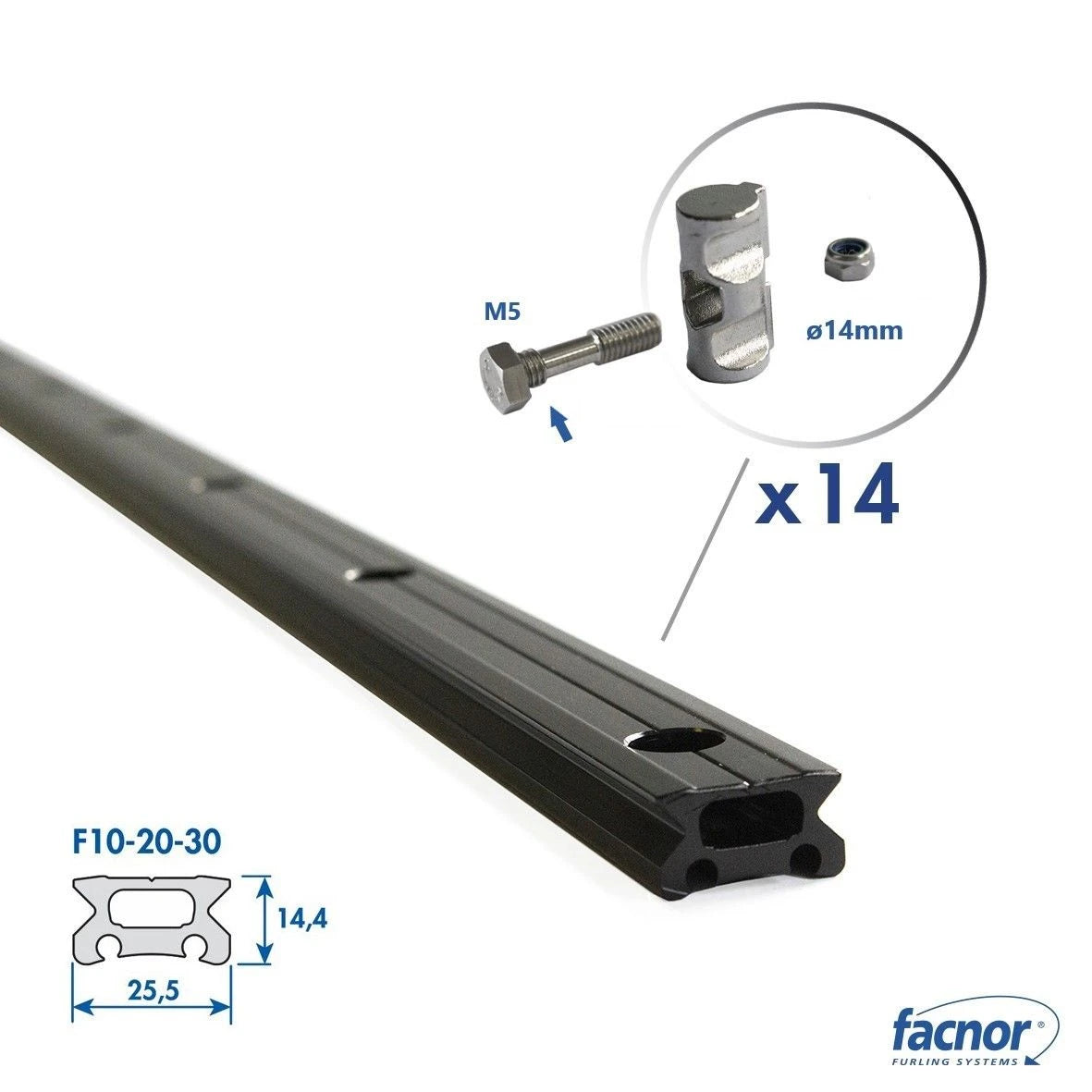 Track standard 2M FACSLIDE+ with round Ø14mm slugs (partially threaded screws)