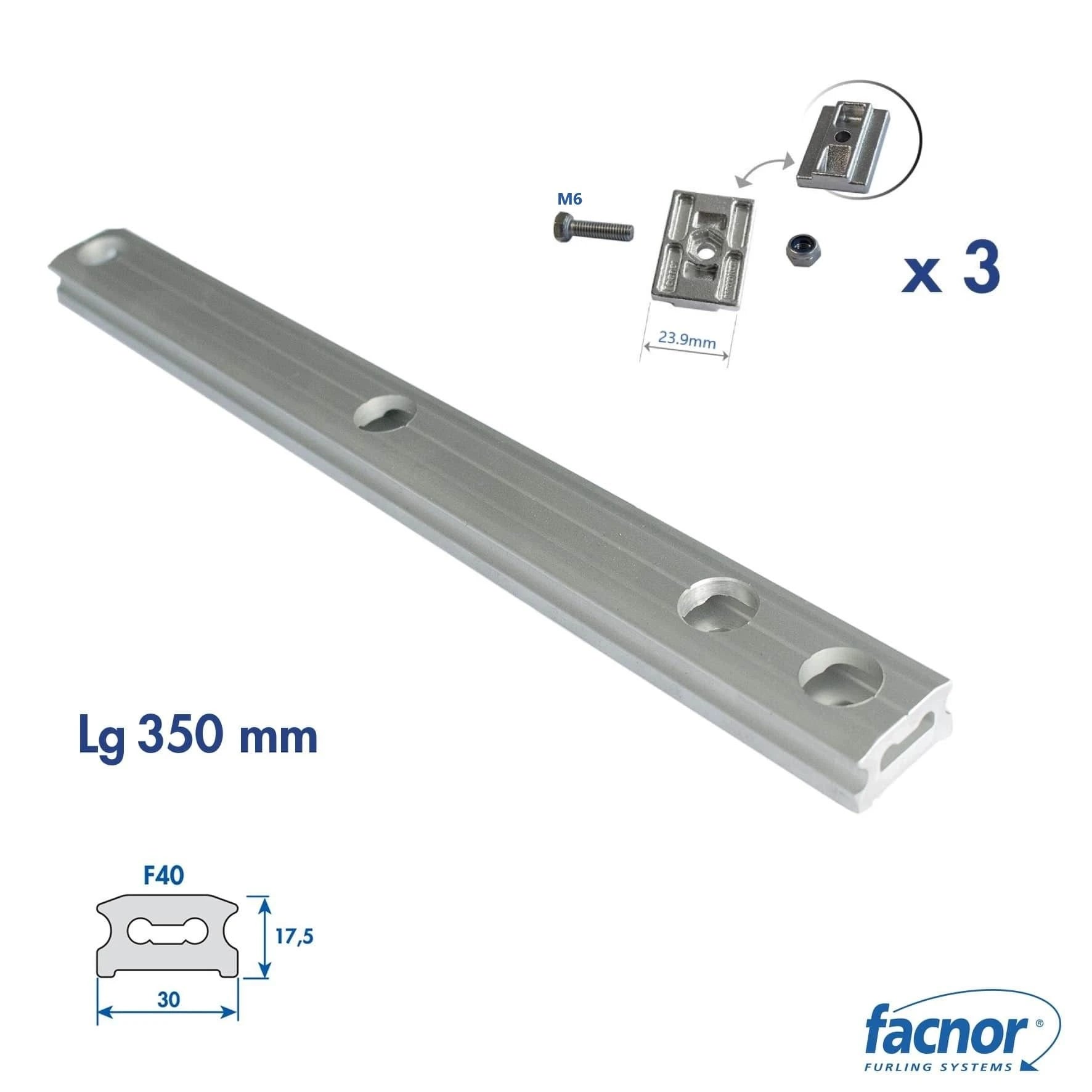 Door track lenght 350mm with 3x 23.9mm wide stainless steel fixing sets for F40