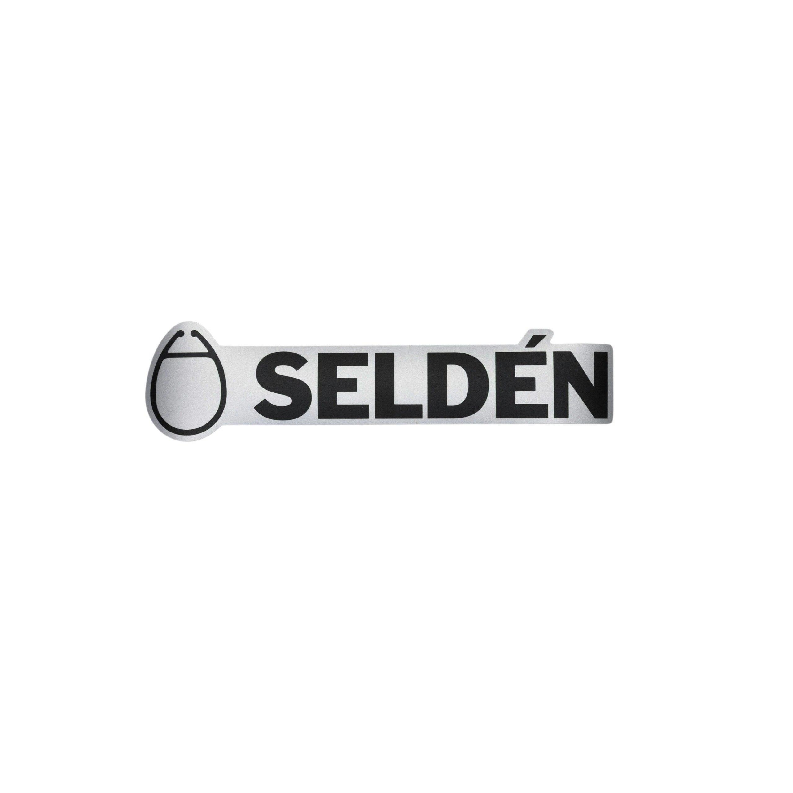 160 mm Seldén label, black logotype on silver background.
