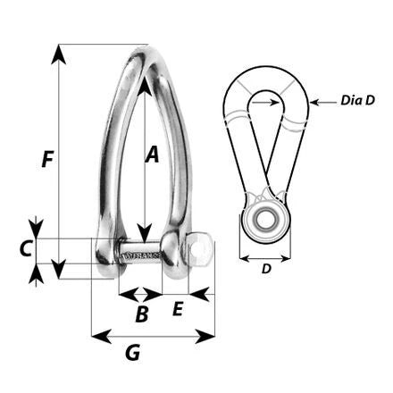 W-1425 — Wichard 10mm Twisted D Shackle Captive Pin — Tågvirke - Schacklar